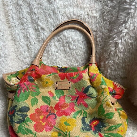 Kate Spade Burlap painted floral prints shoulder bag tan leather straps &trims - Picture 14 of 16